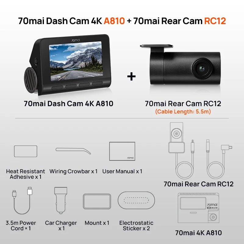 70mai 4K Dash Cam A810 Ultra HD Built - in GPS ADAS Auto Record 150FOV Motion Detection 70mai A810 4G Car DVR Support Rear Cam - shift - knoobs