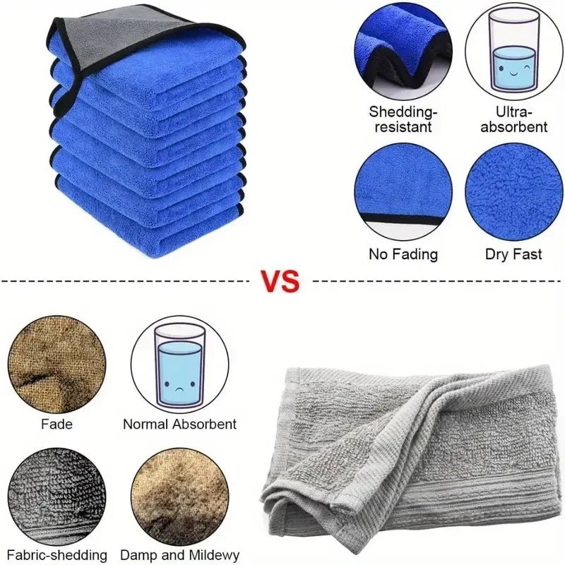 1 - 4pcs Microfiber Car Washing Towel Soft Quick Drying Windows Mirrors Wiping Rags Home Double Layer Cleaning Cloths 500GSM - shift - knoobs