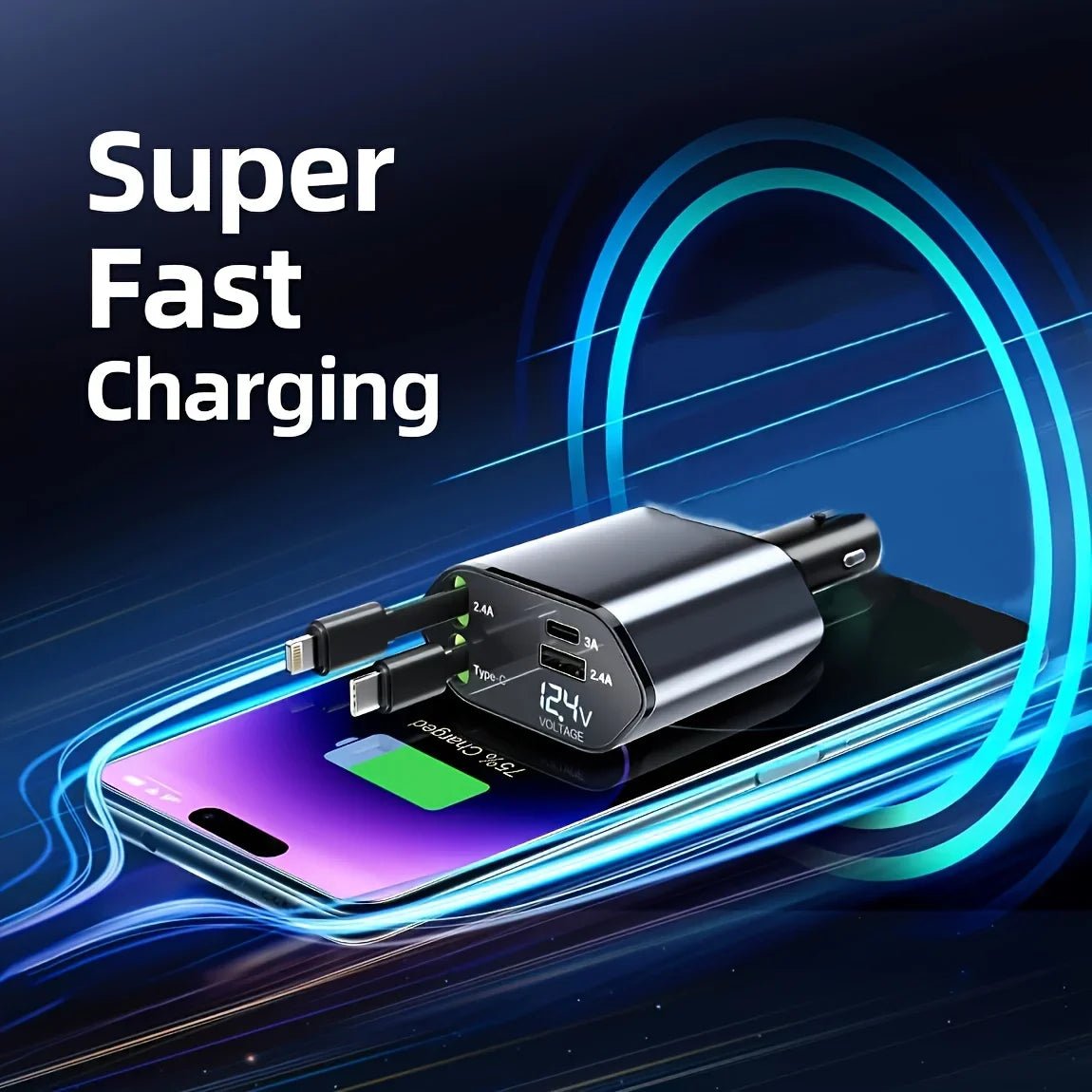 120W Retractable Car Charger 4 in 1 USB C Fast Charging Car Cigarette Lighter Charger Adapter for iPhone Xiaomi Huawei Samsung - shift - knoobs