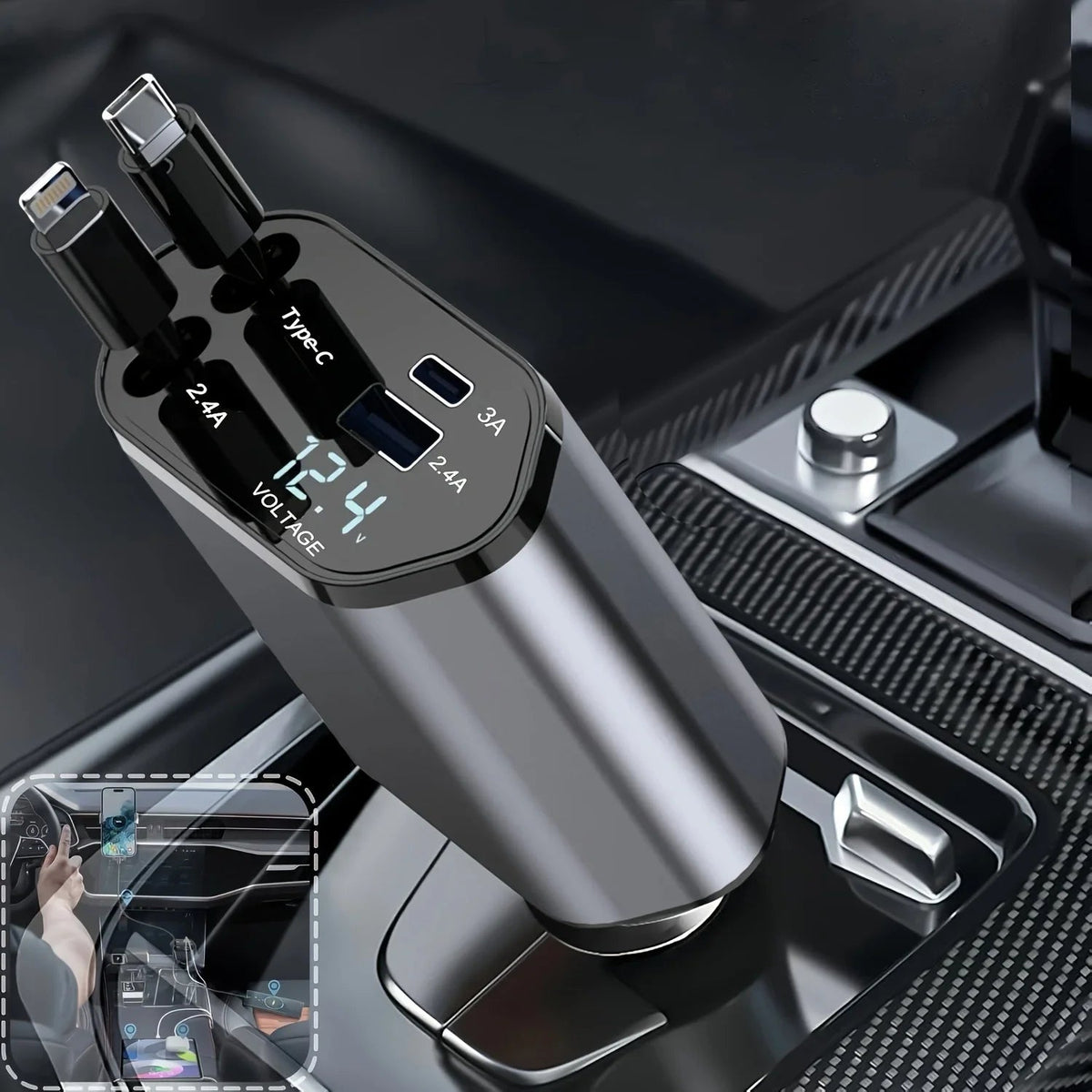 120W Retractable Car Charger 4 in 1 USB C Fast Charging Car Cigarette Lighter Charger Adapter for iPhone Xiaomi Huawei Samsung - shift - knoobs