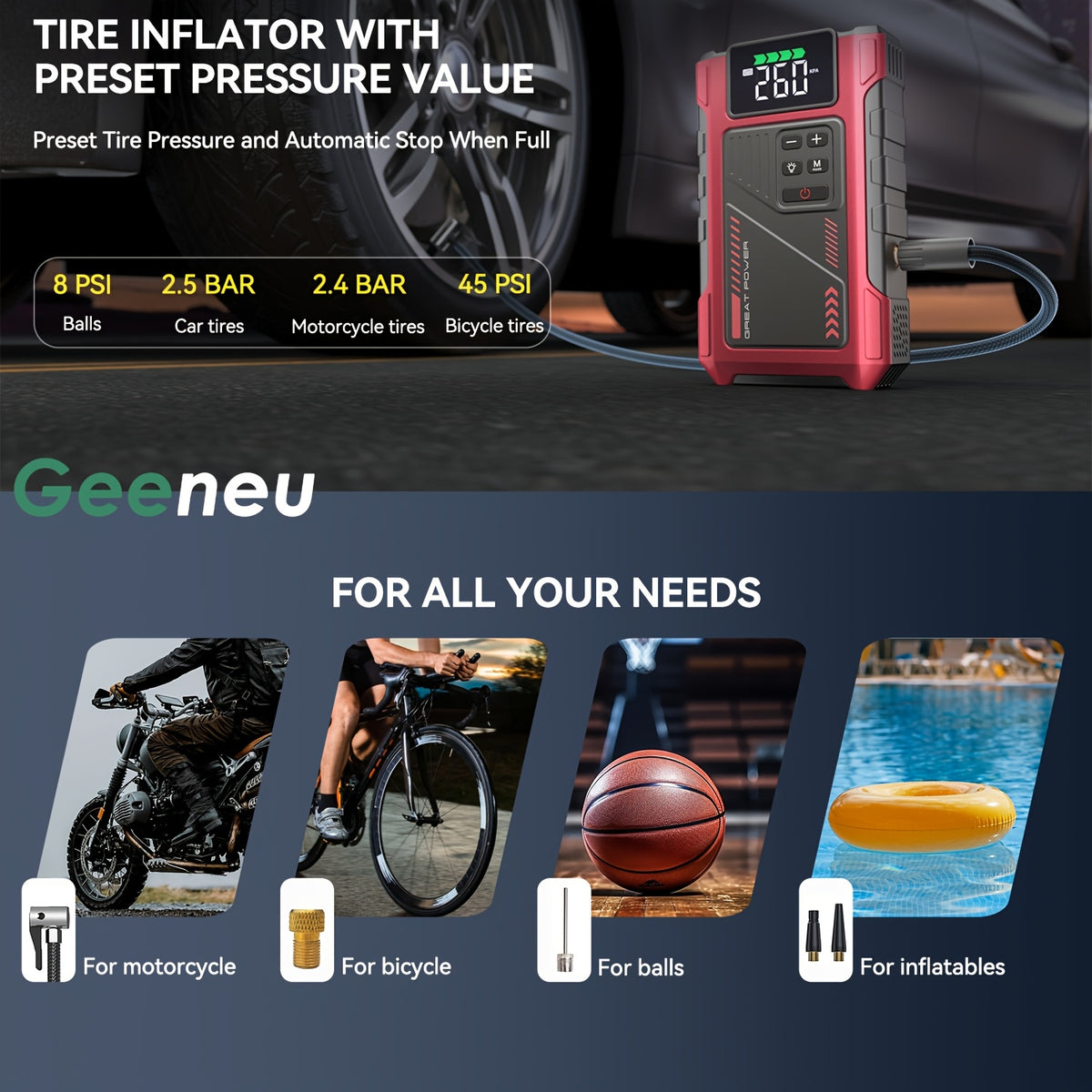 Portable Car Air Compressor & Jump Starter - 3000A Peak Power, 12V, Fast Charging, Digital Tire Inflator, LED Light, Compact Design for Gas/Diesel Engines (Copy)