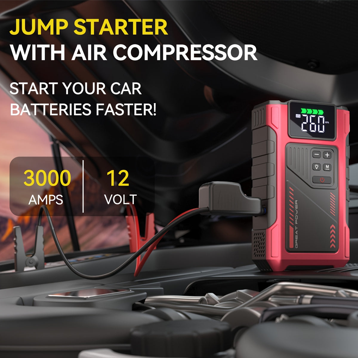 Portable Car Air Compressor & Jump Starter - 3000A Peak Power, 12V, Fast Charging, Digital Tire Inflator, LED Light, Compact Design for Gas/Diesel Engines (Copy)
