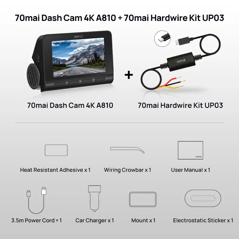 70mai 4K Dash Cam A810 Ultra HD Built - in GPS ADAS Auto Record 150FOV Motion Detection 70mai A810 4G Car DVR Support Rear Cam - shift - knoobs