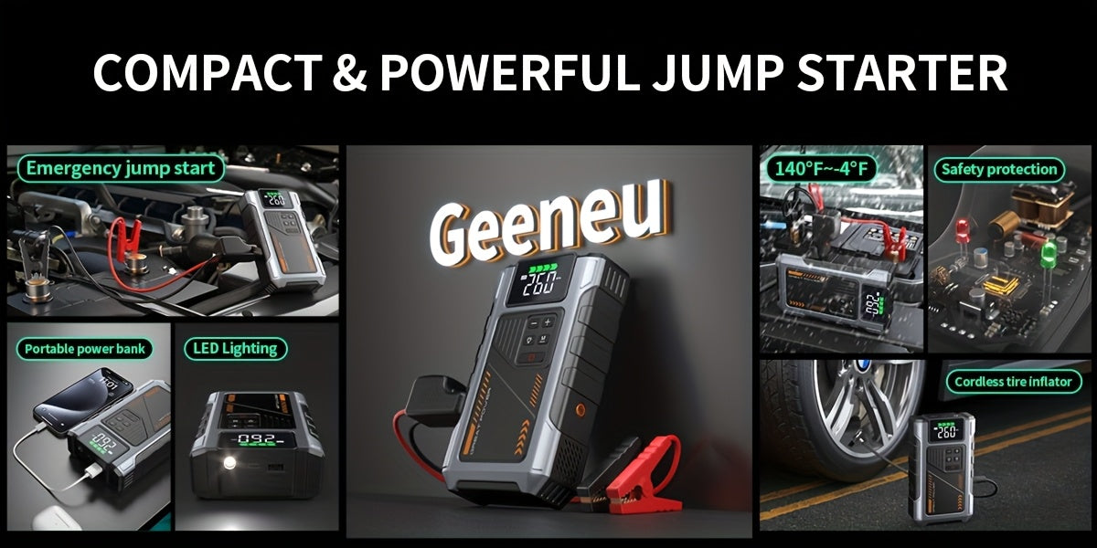 Portable Car Air Compressor & Jump Starter - 3000A Peak Power, 12V, Fast Charging, Digital Tire Inflator, LED Light, Compact Design for Gas/Diesel Engines (Copy)