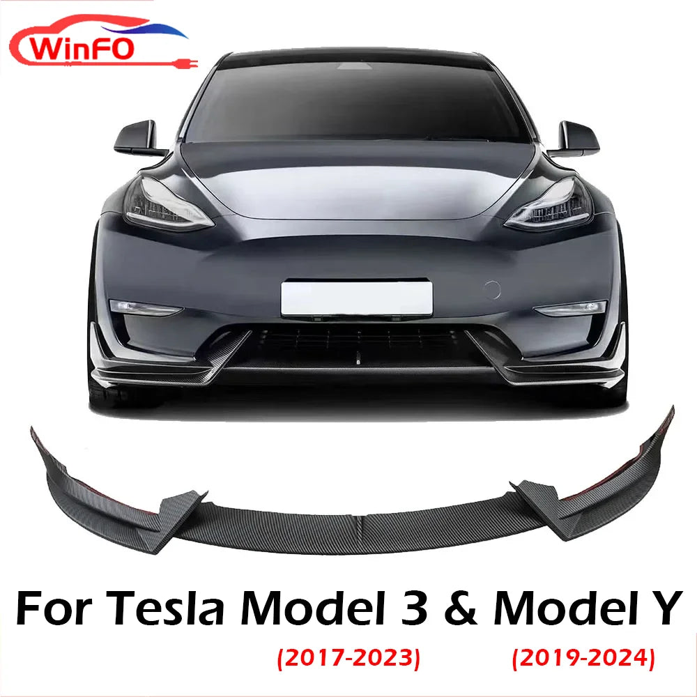 Front Bumper Lip 3Pcs For Tesla Model Y 2020-2024 For Tesla Model 3 2017-2023 Front Bumper Lip Splitter Spoiler, V Style