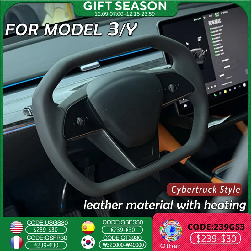 Car Steering Wheel Inspired By Cyberpack Style for Tesal Model Y/3 Highland 2017-2024 with Heating Function Black Leather Yoke