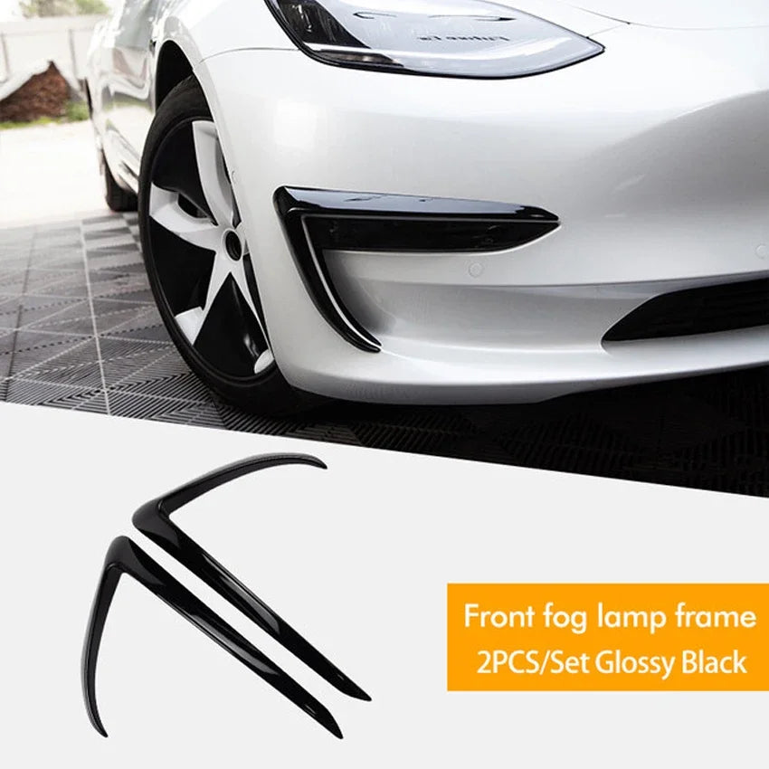 For Tesla Model 3 Y 2017 2018 2019-2023 Glossy Black Carbon Look Car Front Bumper Fog Light Frame Spoiler Decoration Body Kit