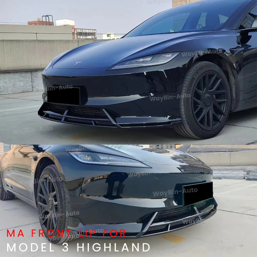 Front Lip For Tesla Model 3 Highland 2024 Front Bumper Lip Spoiler Glossy Black Carbon Body Kits Model 3 + Auto Accessories