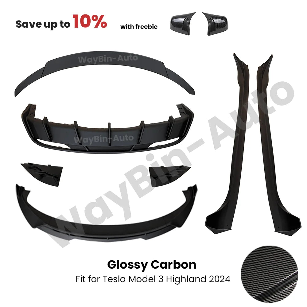 Fresh Aero For Tesla Model 3 Highland 2023-202 Body Kits Glossy Carbon Black Bumper Lip Rear Diffuser Spoiler Tuning Accessories