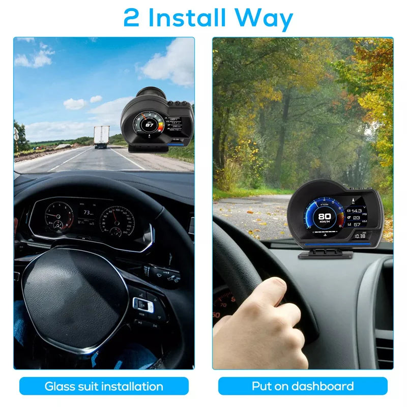 Newest OBD2&GPS Car Head Up Display Smart Car HUD P6 Turbo Gauge Digital Odometer Security Alarm Water&Oil Temp RPM Auto Meter