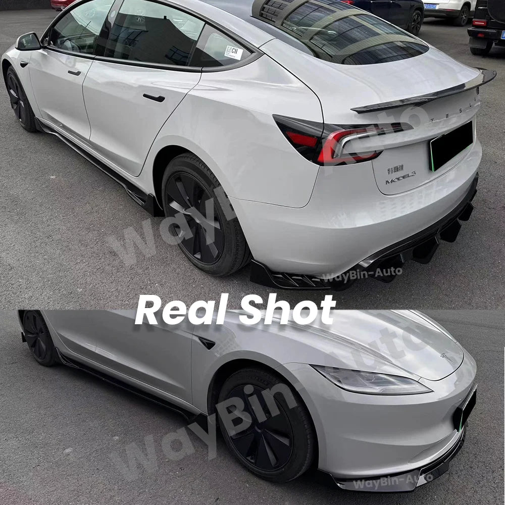 Fresh Aero For Tesla Model 3 Highland 2023-202 Body Kits Glossy Carbon Black Bumper Lip Rear Diffuser Spoiler Tuning Accessories