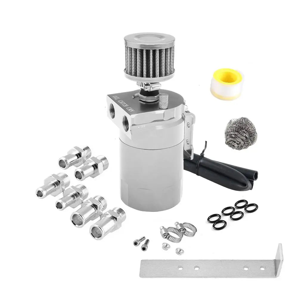 Car Baffled Oil Catch Can Reservoir Tank with Air Filter Breather Baffled Aluminum Fittings Oil Dipstick Hole Breathable Kettle - shift - knoobs