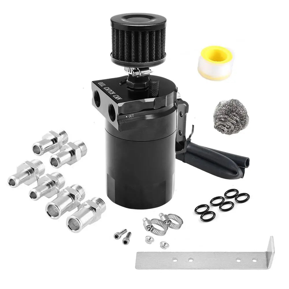 Car Baffled Oil Catch Can Reservoir Tank with Air Filter Breather Baffled Aluminum Fittings Oil Dipstick Hole Breathable Kettle - shift - knoobs