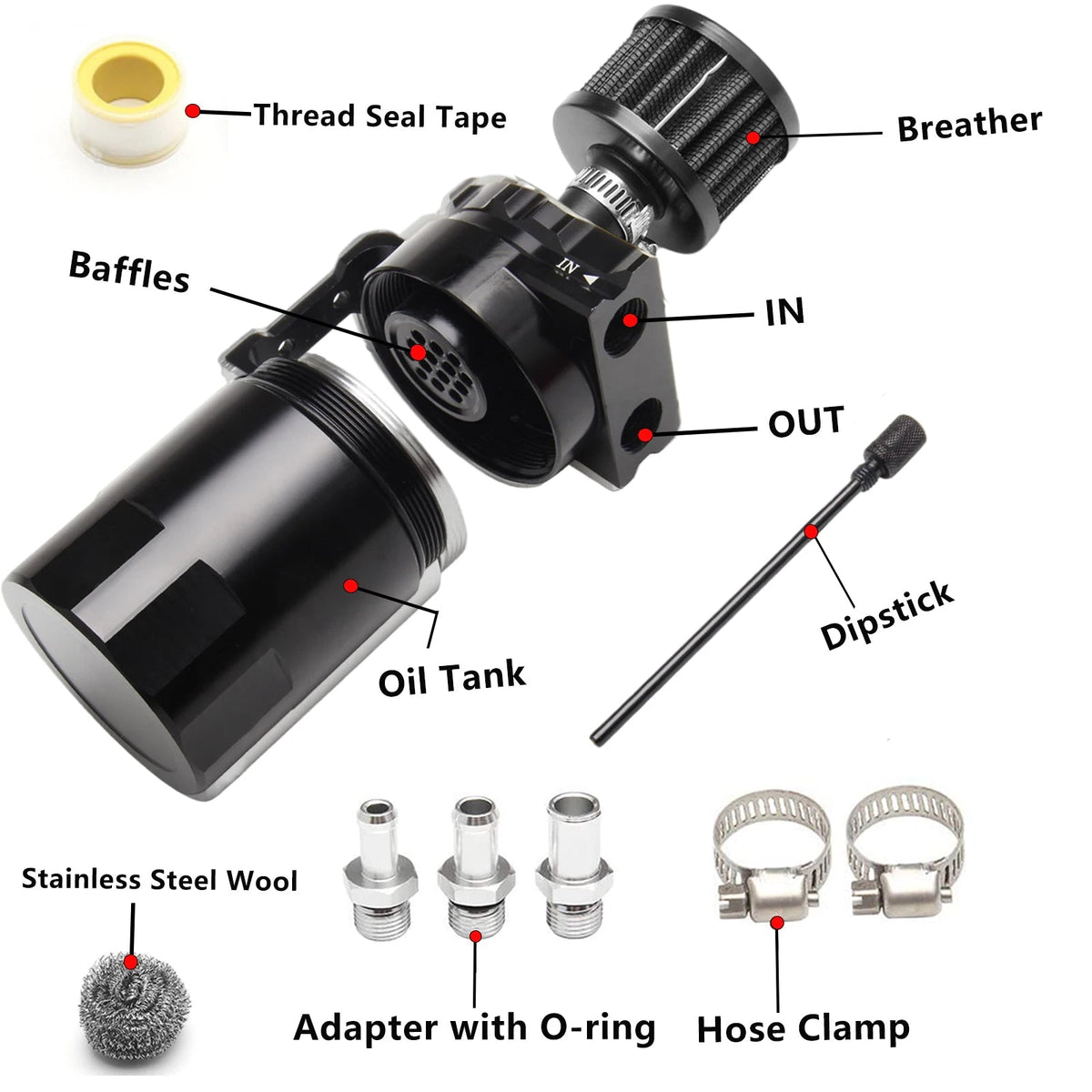 Car Baffled Oil Catch Can Reservoir Tank with Air Filter Breather Baffled Aluminum Fittings Oil Dipstick Hole Breathable Kettle - shift - knoobs