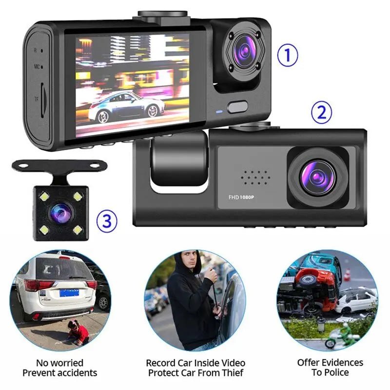 Dash Cam W/ IR Night Vision Loop Recording & 2" IPS Screen 1080P 3 Camera ， DVR recorder, video recorder, Vehicle DVR - shift - knoobs