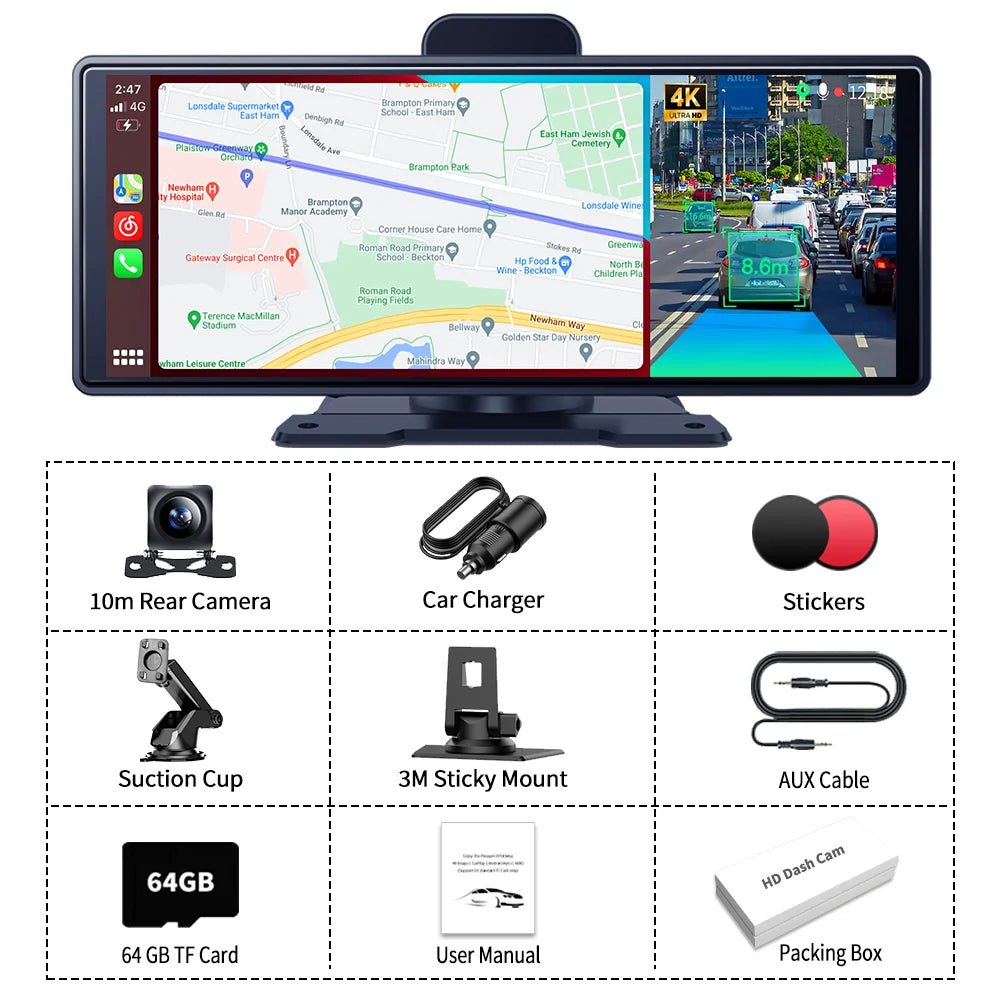 Imagebon 10.26" 4K ADAS Wireless CarPlay & Android Auto Dash Cam Night Vision 24h Park Monitoring Loop Recording GPS FM Car DVR - shift - knoobs