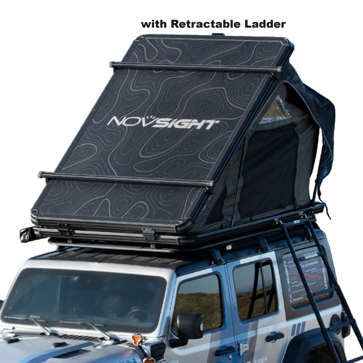 NOVSIGHT Black Roof Top Hard Shell Rooftop Tent 2 - 3 People Car Camping All Season with Luggage Rack Waterproof Rooftop Tent for for Jeep SUV Truck Overland Car Roof Tent For Camping with Ladder - shift - knoobs