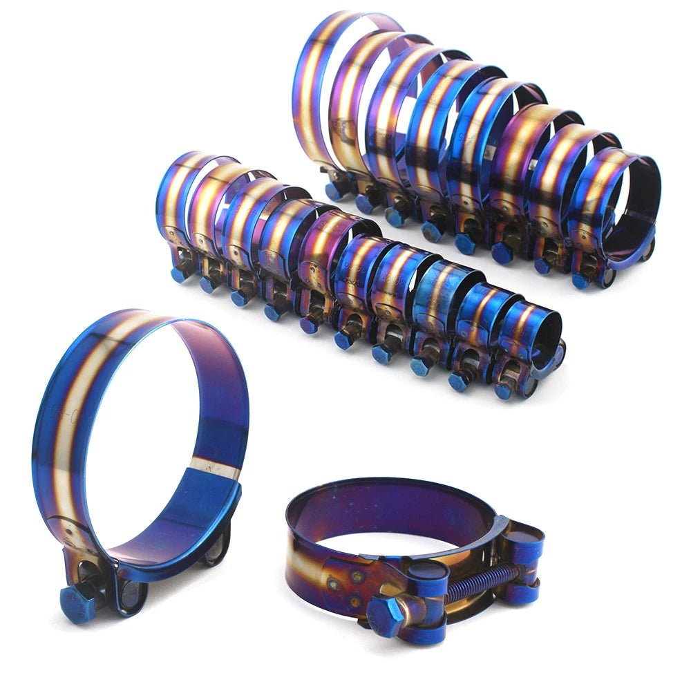 Universal Stainless Steel Hose Clamp Kit Adjustable Titanium Blue T Bolt Clamp 26mm to 114mm - shift - knoobs